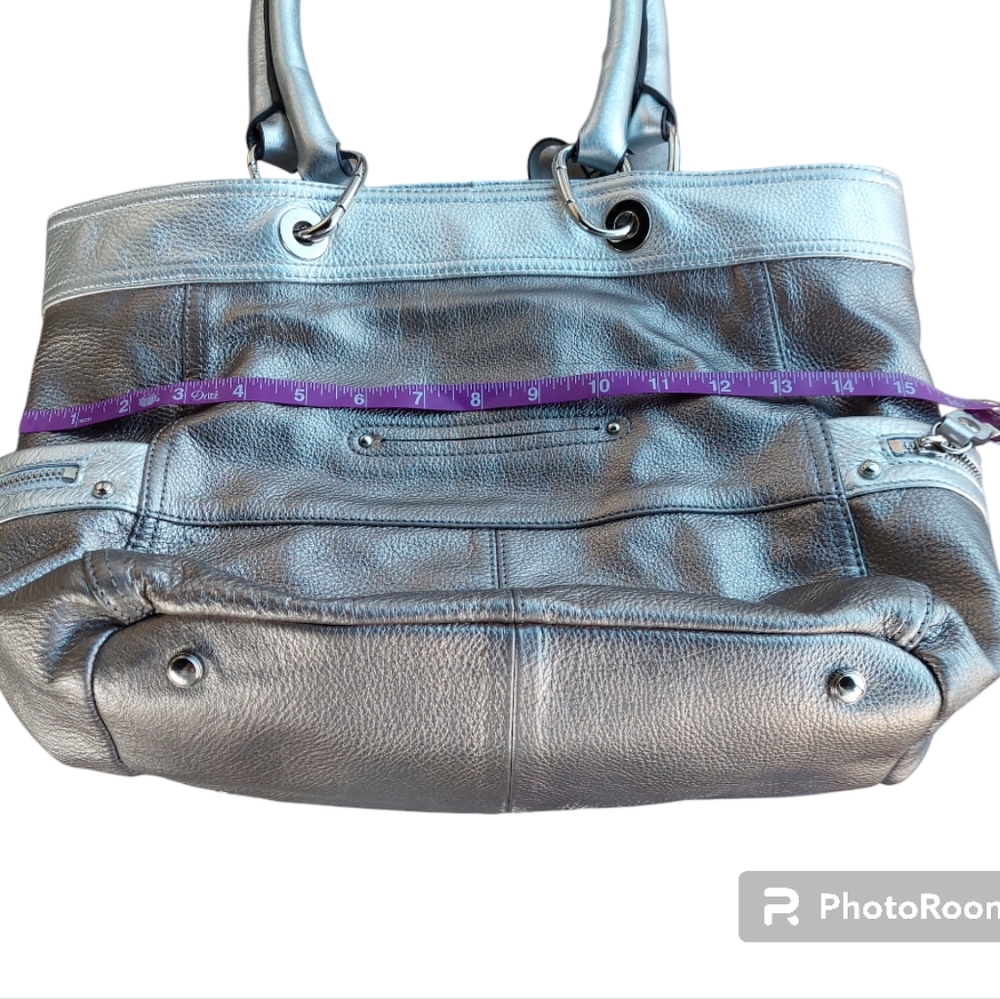 B. Makowsky Pewter Pebbled Finish Leather Shoulder Bag With Silver Hardware - Picture 14 of 14